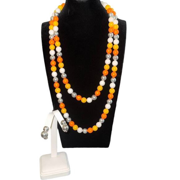Vintage Statement Necklace And Clip On Earring Set Orange Silver Yellow White‎ - Picture 6 of 6